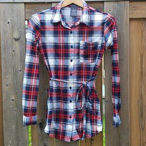 SUZY SHIER Belted Plaid Long Sleeve Button Up Shirt Women's Size XS